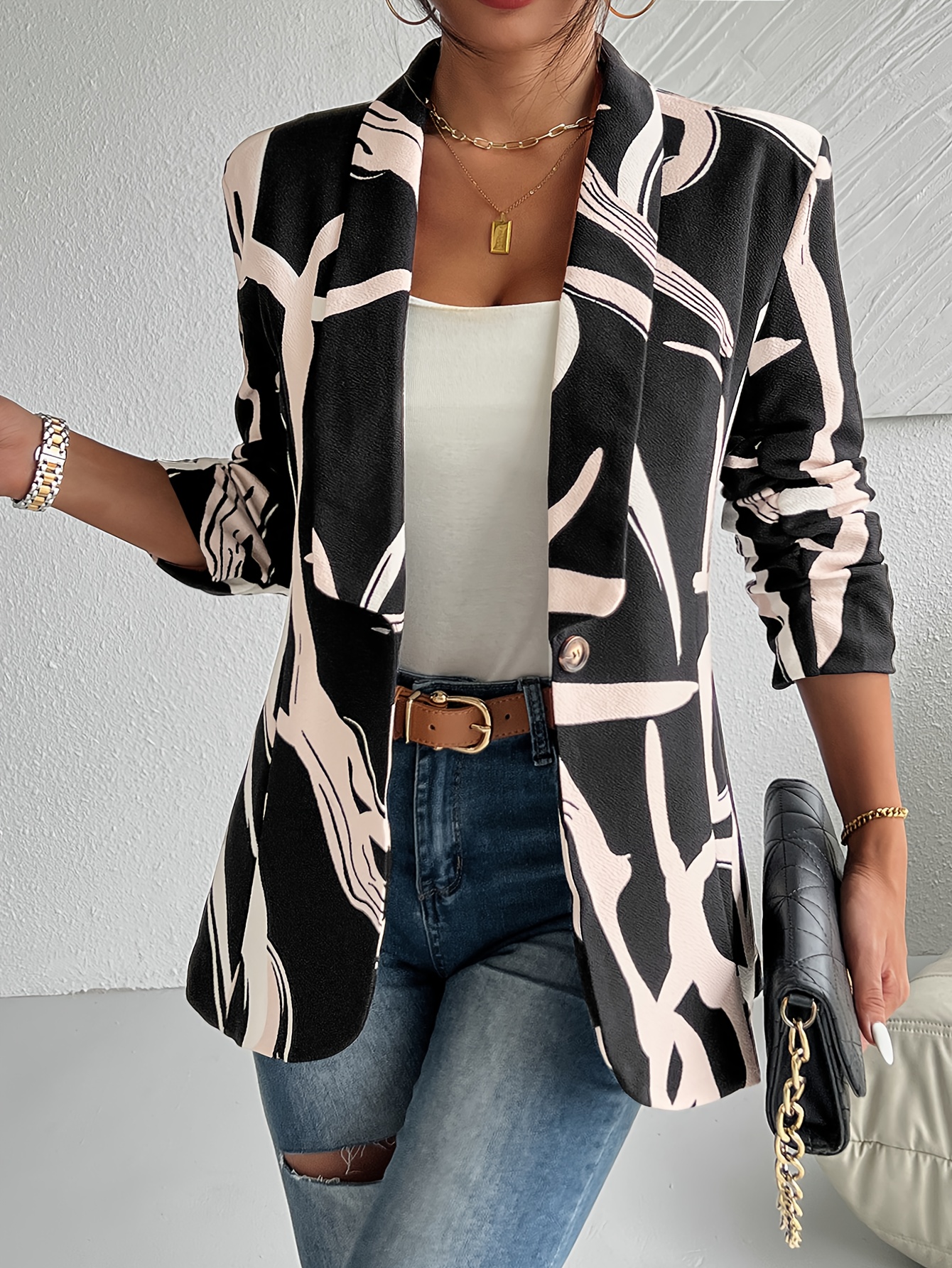 Lightweight Design] Elegant Geometric Print Blazer for Women - Chic Notched Collar, Long Sleeve, Polyester & Elastane Blend, Machine Washable - Stylish Black, White & Beige Outerwear