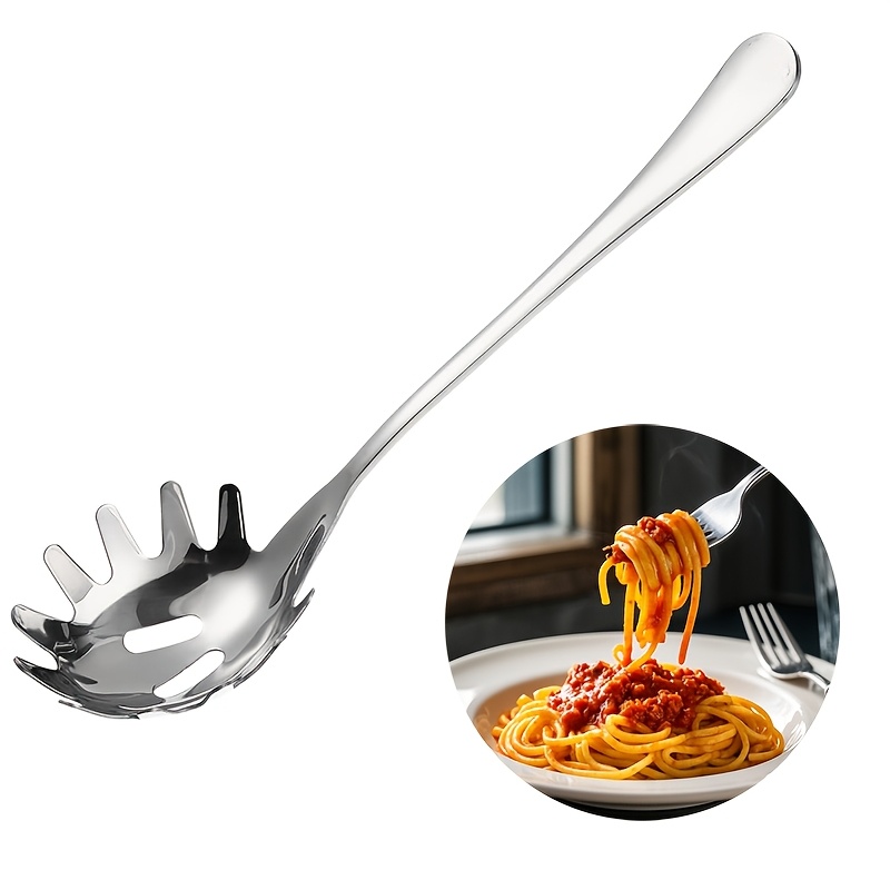 TEMU 1pc, Toothed Pasta Spoon, Household Noodle Scoop, Kitchen Long Handle Filter Spoon, Teeth And Drain Holes, Lo Mein Strainer, Suitable For Pasta,