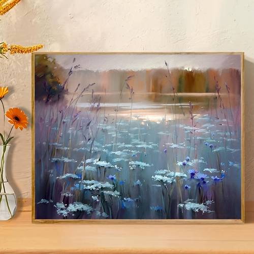 Artikelbild professionelle kunstnutzung . 2d flaches diy malen-nach-zahlen-set für erwachsene, kunstgeschenk, malen-nach-zahlen, inklusive acrylfarben, leinwand, 3 pinsel anleitung | acrylgemälde „wildblumen am see“ mit schwenkenden blau-weißen kleinen blumen, dunstige ästhetische künstlerische