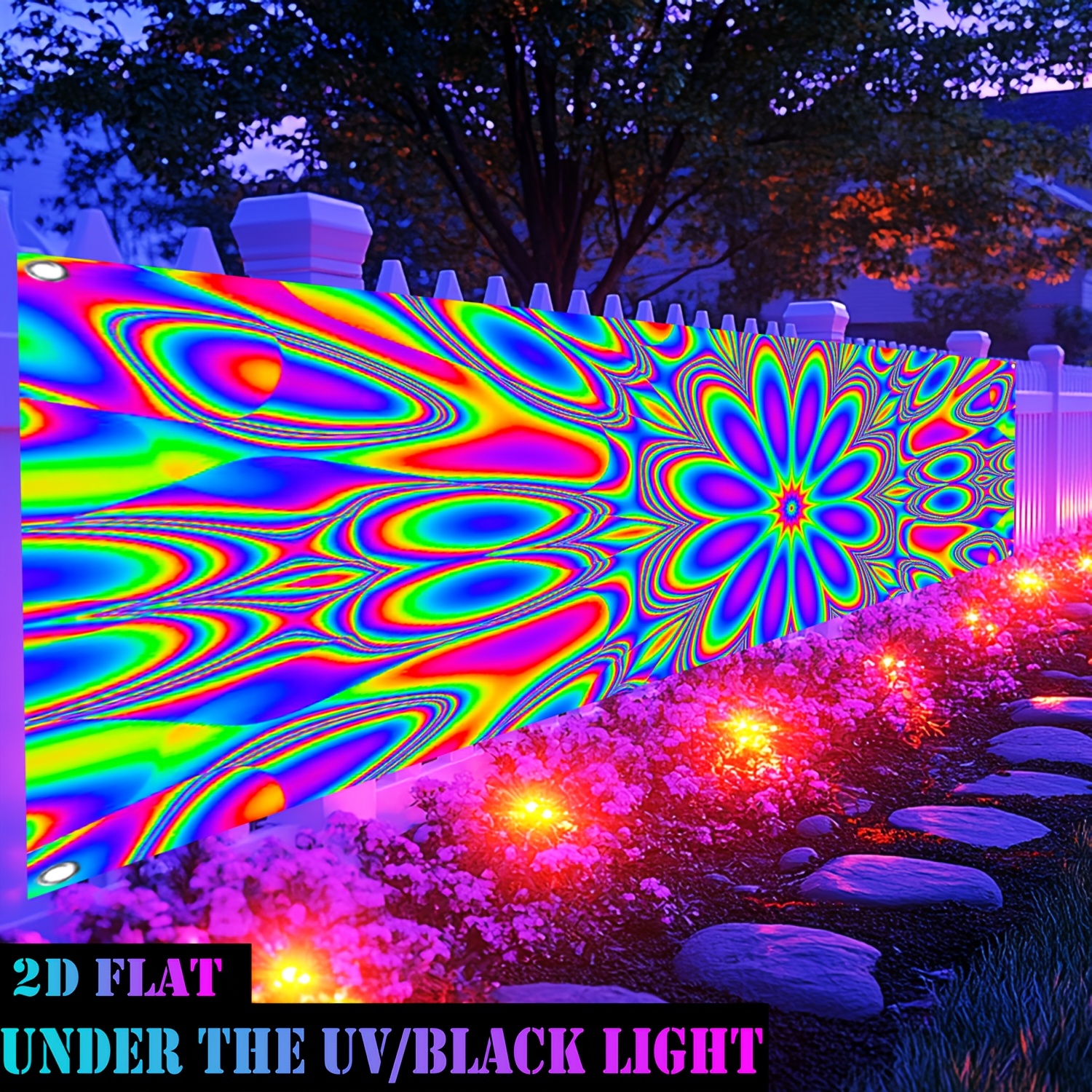 TEMU 2d Flat - 【2d Flat】 2d Flat Qd_vivios 1pc -the-uv Light - Psychedelic Floral Pattern - Courtyard Wall Banner, Indoor & Outdoor Festive Party