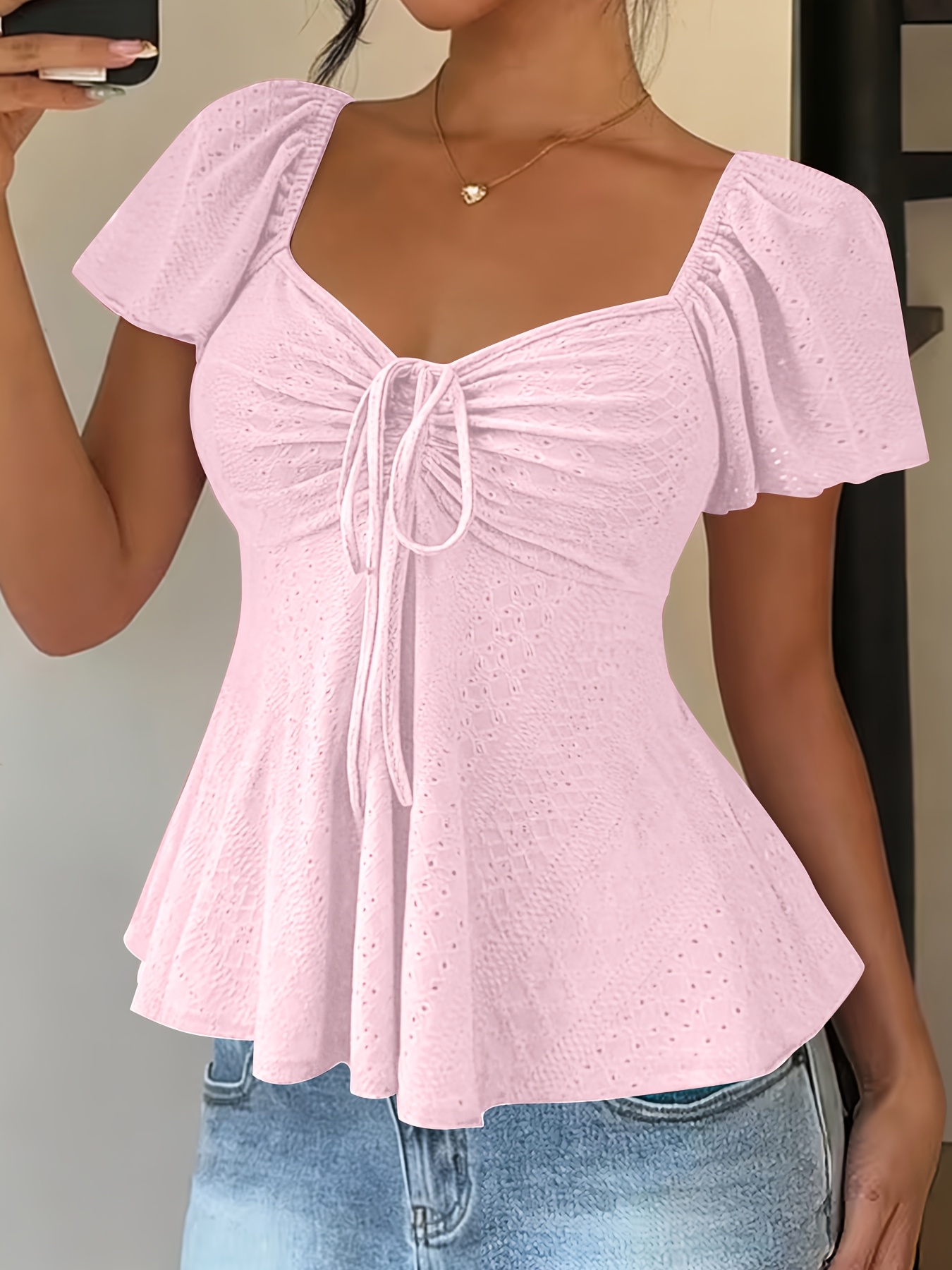 modisches elegantes y2  für frühling/sommer, neuheit, einfarbig, jacquard, bequem atmungsaktiv, mit v-ausschnitt, kordelzug kurzen ärmeln, damen-t-shirt