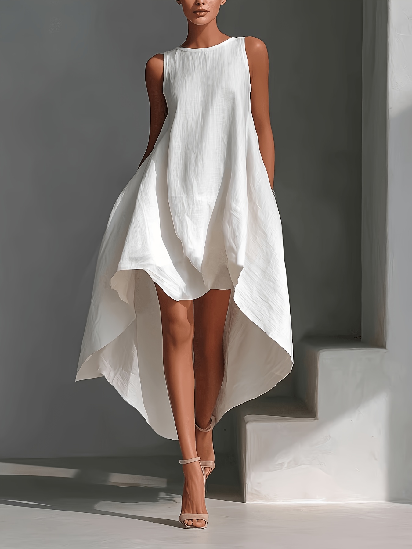 white sleeveless asymmetrical dress for women loose fit with flared hem elegant commuter and   long dress asd1