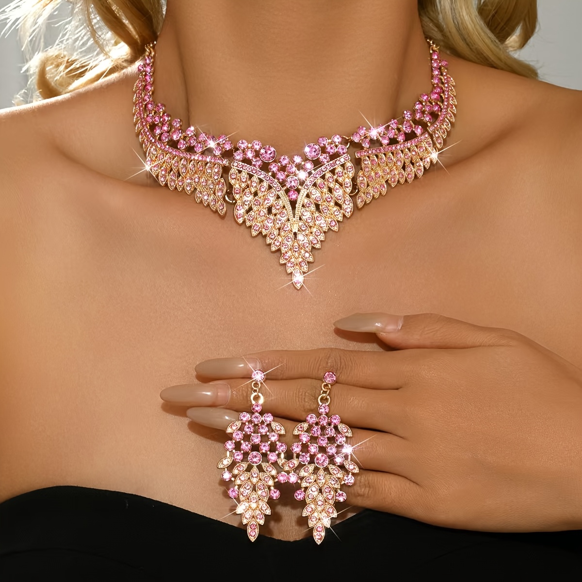 TEMU Pink Bride Necklace And Earrings 2pcs Set, Wedding Gown Decoration, Wedding Jewelry, Wedding Accessories, And Photo Studio Props