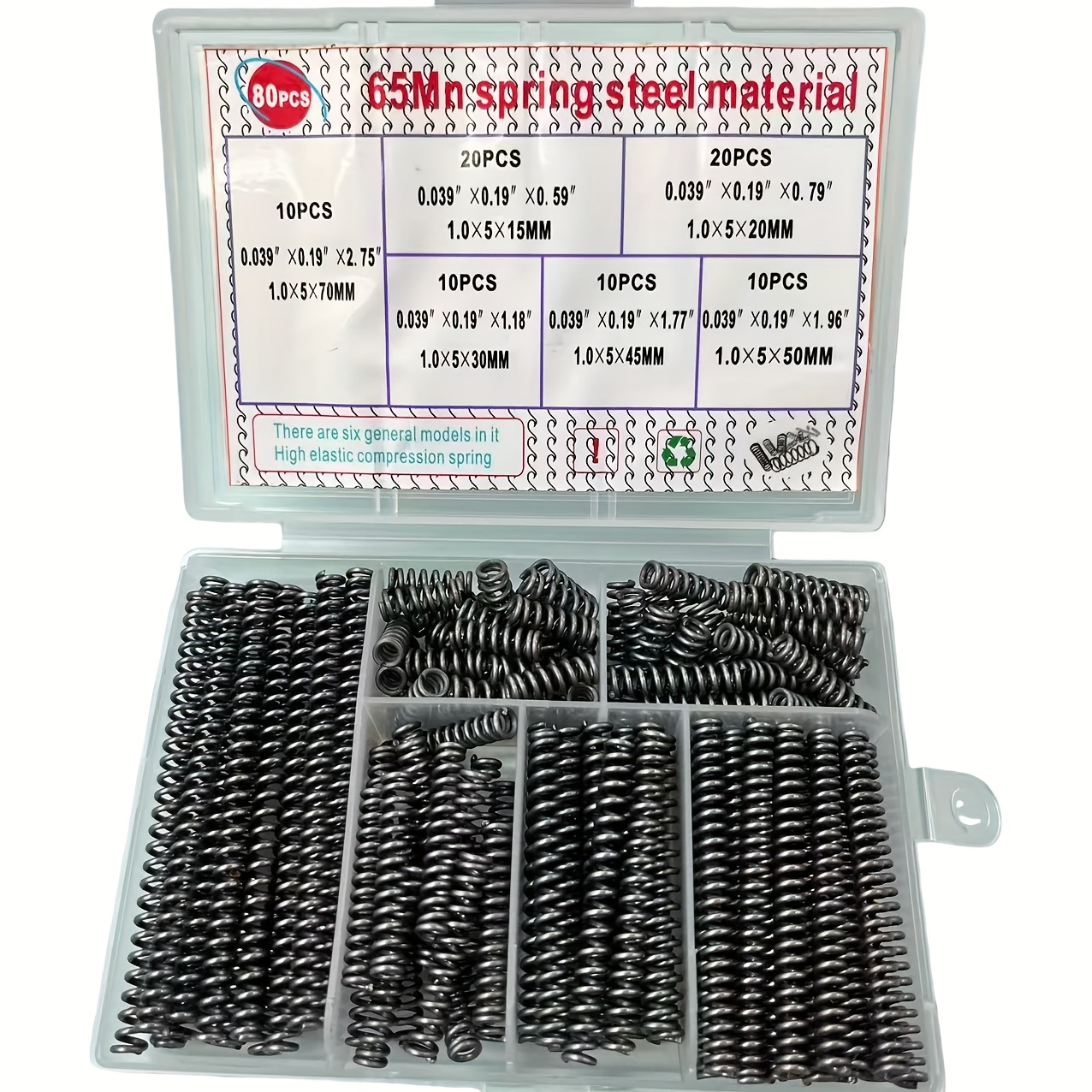 TEMU Draaddiameter 1,0 mm, Buitendiameter 5 mm, Lengte 15//45/50/, 80 stuks. Verwerkingsveren bestand tegen compressie, rek en torsie. Gaasveren