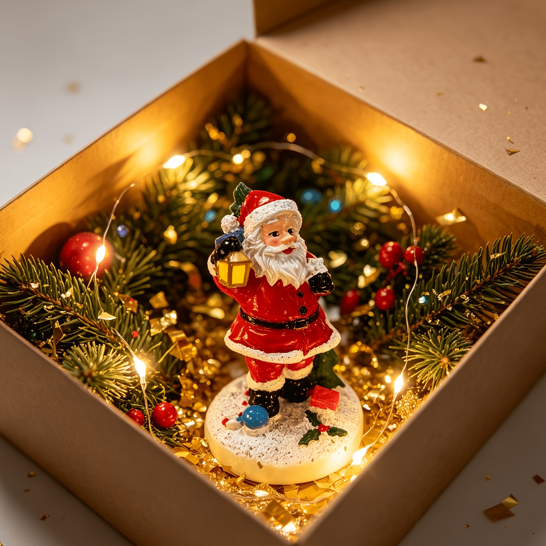 TEMU 1 Ornement Statue Lanterne Sac à Dos Père Noël avec Base Enneigée et Houx, Convient Cadeau de Noël, Décoration de Maison ou Mise en Scène de