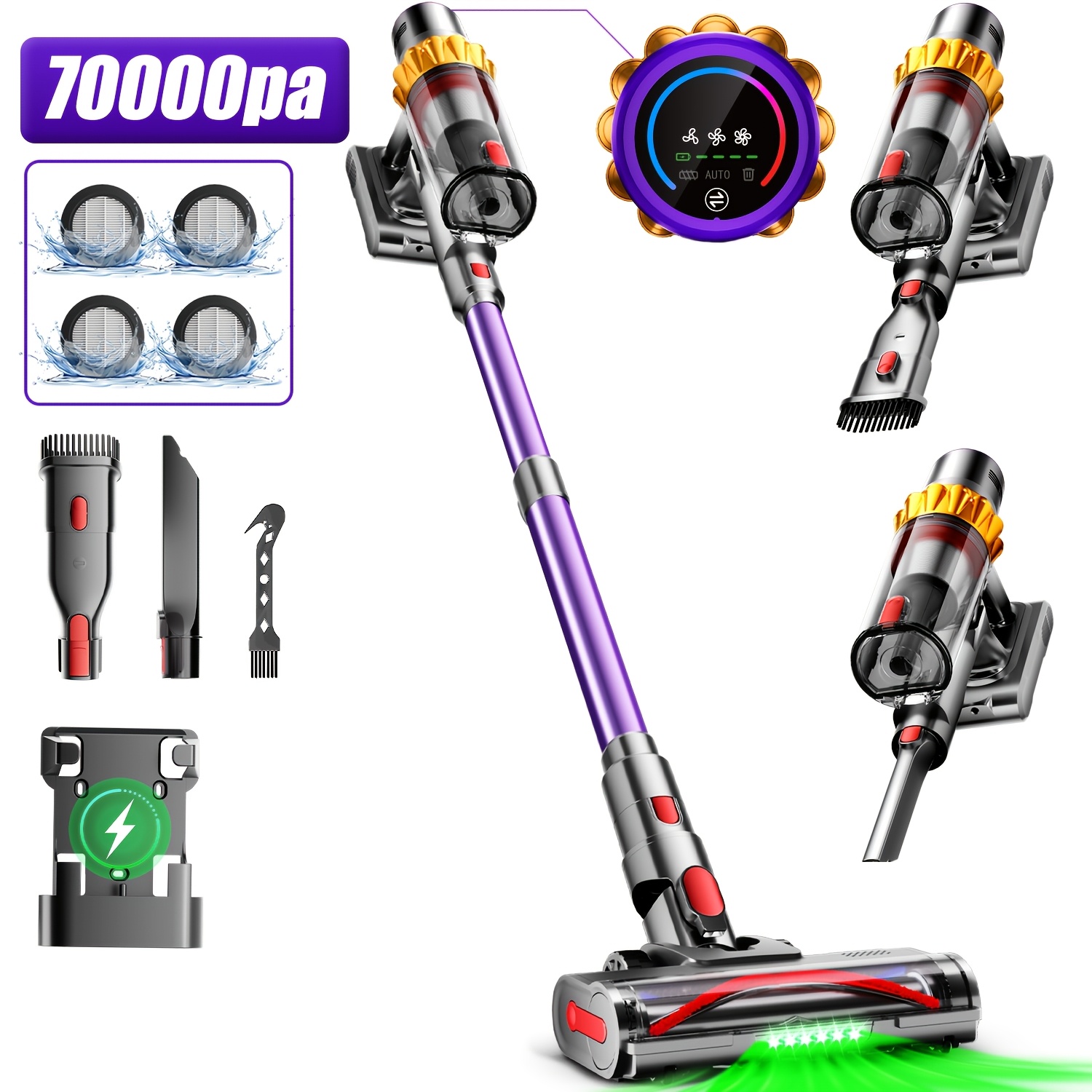 Image of Airchros Vacuum Cleaner, 70000pa Vacuum With New Led Screen, 70 Minutes , Vacuum Cleaner With 3x Hepa Filters, Suitable For Cleaning Computers, Vacuum Cleaner For Pet Hair, Carpet, Christmas-halloween