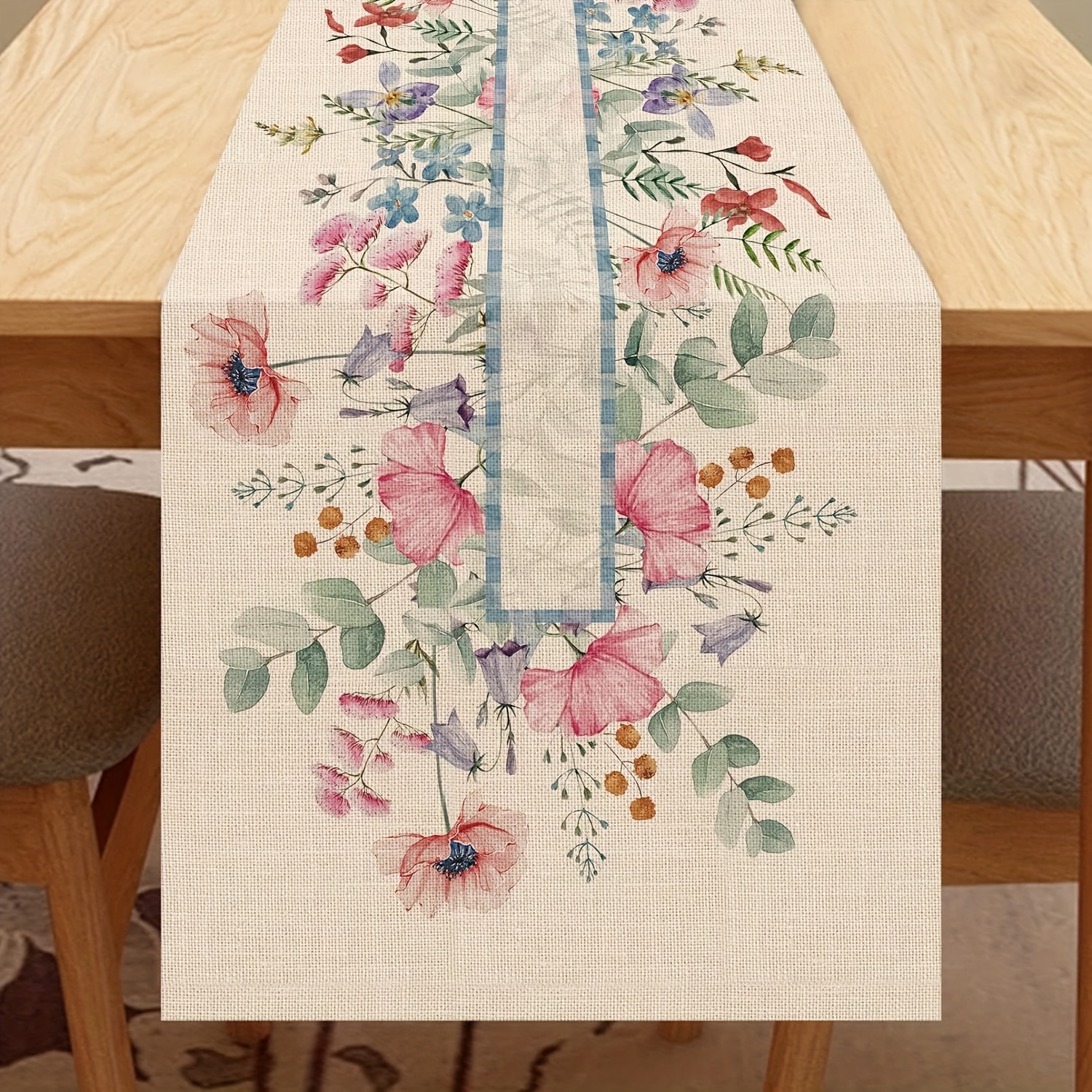 

1pc, Floral Table Runner, Pink Blossoms Linen Design, Rustic Farmhouse Style Kitchen & Dining Decor, Country Style Polyester, Home Party Supplies