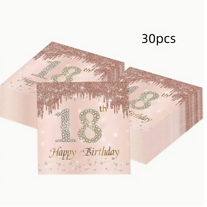 E-shop 30 Stück 18. Geburtstag Servietten Roségold Mädchen Happy 18. Geburtstag Einweg-Papier-Getränkeservietten Ideal für 18. Geburtstagsfeiern