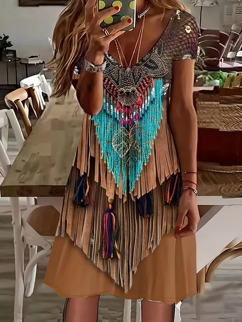 Women'S Boho-Chic V-Neck Dress with & Bead Details - Sleeveless Bodycon Fit, Beige & * Scheme * Spring/Summer, Casual Summer Dres Women'S Boho-Chic V-Neck Dress with & Bead Details - Sleeveless Bodycon Fit, Beige & * Scheme * Spring/Summer, Casual Summer Dres