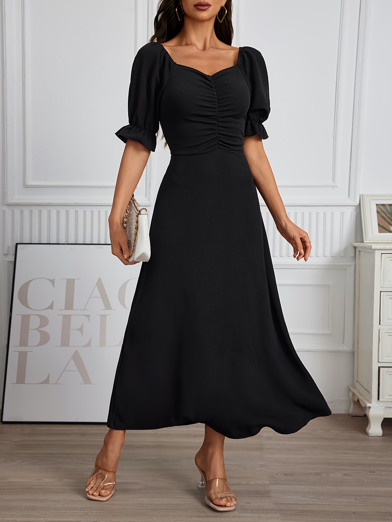 directional puff sleeve pleated waist a line dress women's - Temu