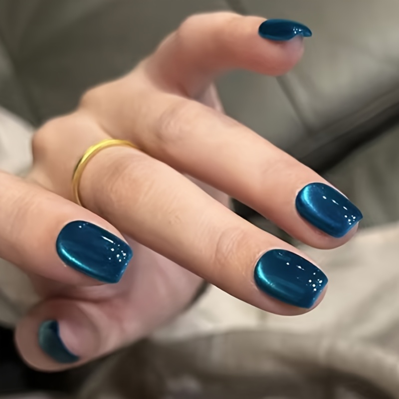 TEMU 24pcs Spring And Summer Cobalt Blue Cat Eye Press-on Nails, Featuring Shiny Cat Eye Effect, Medium-short Length Reusable Detachable Nail Set For