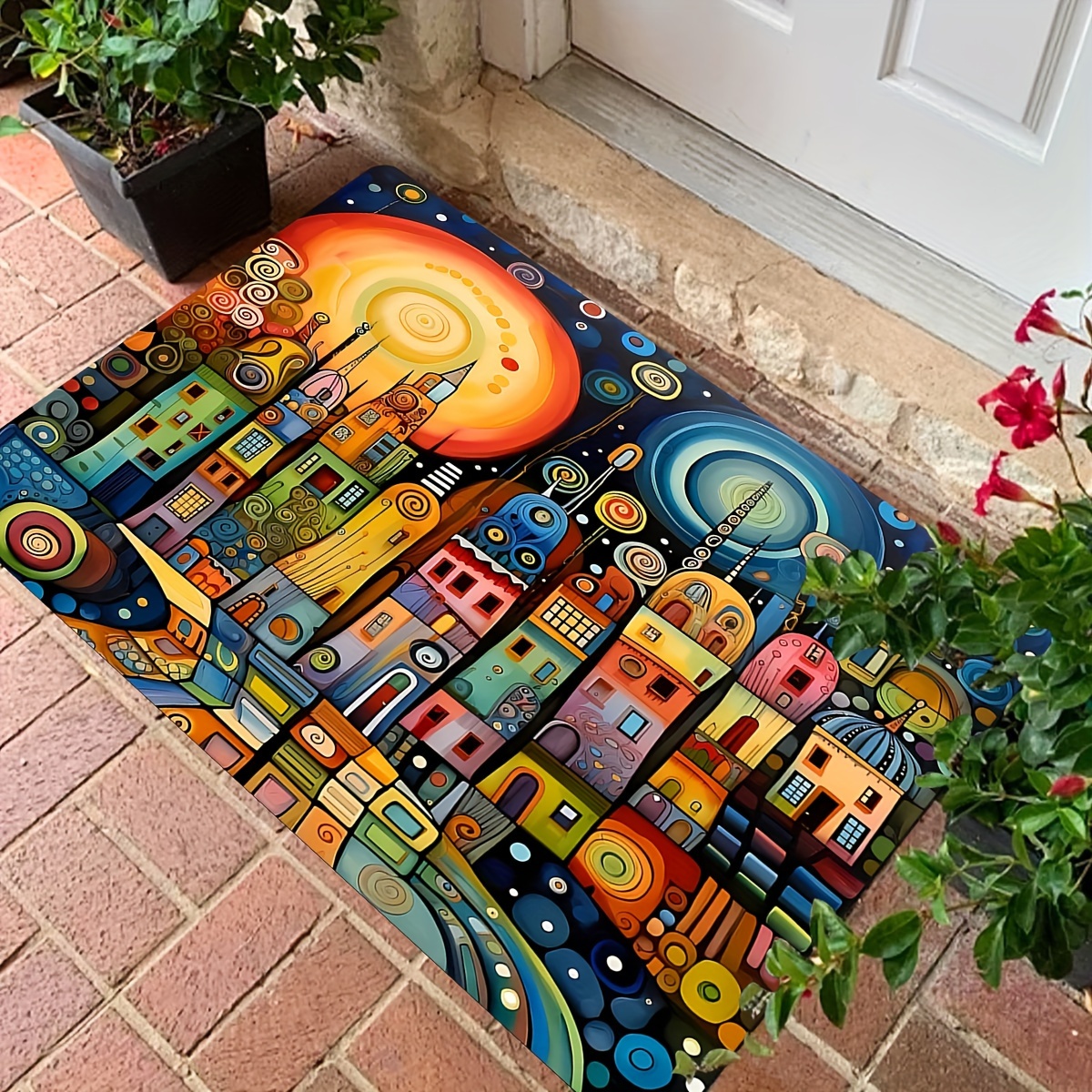 

Cartoon City Print Door Mat - Non-slip, Stain-resistant Polyester Rug For Entryway, Laundry Room, Bathroom & Dining Area - Perfect For Home Office Decor