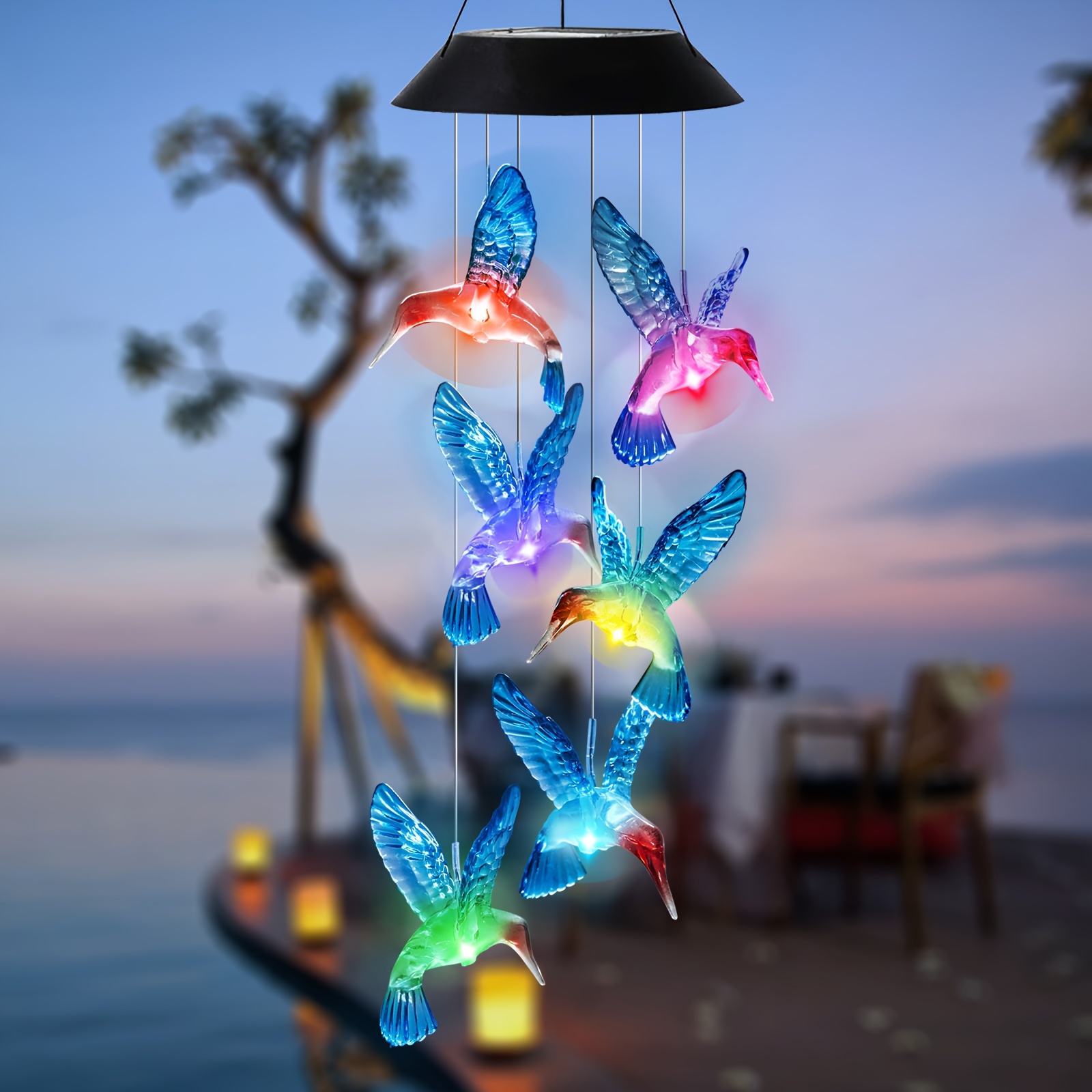 1 pieza de campanillas de viento solares LED con colibrí, luces solares LED que cambian de color, regalos de cumpleaños para mujeres, regalos de jardín para mamá y abuela, campanillas de viento conmemorativas para el Día de la Madre