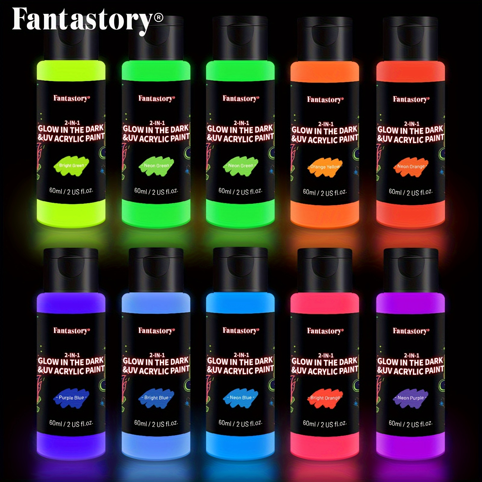 

Fantastory Acrylic Paint Set For Art Painting, Decorate, 10 Neon And Glow In The Dark Colors 2-in-1 2 Ounce/60ml Acrylic Paint Supplies For Wood, Fabric, Crafts, Canvas, Leather&stone