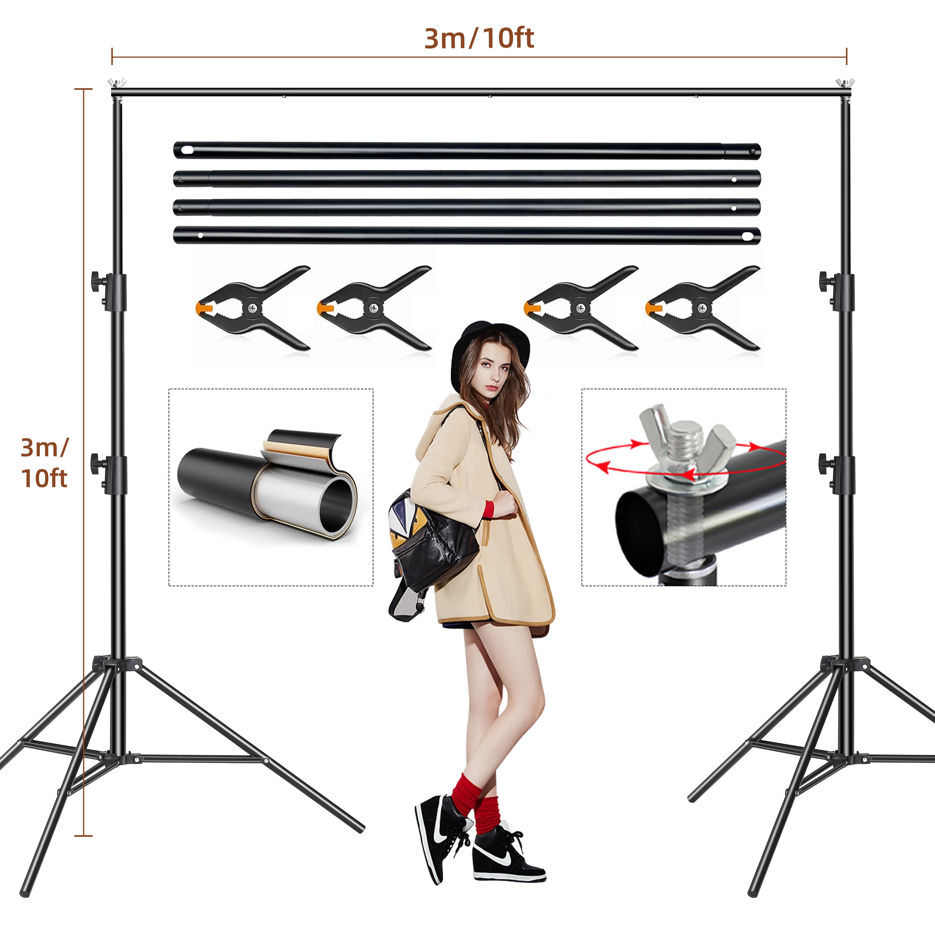 

10x10ft Backdrop Stand, Stand Kit 4 Crossbars, 4 Backdrop Clamps, Carrying Bag For Parties Decoration