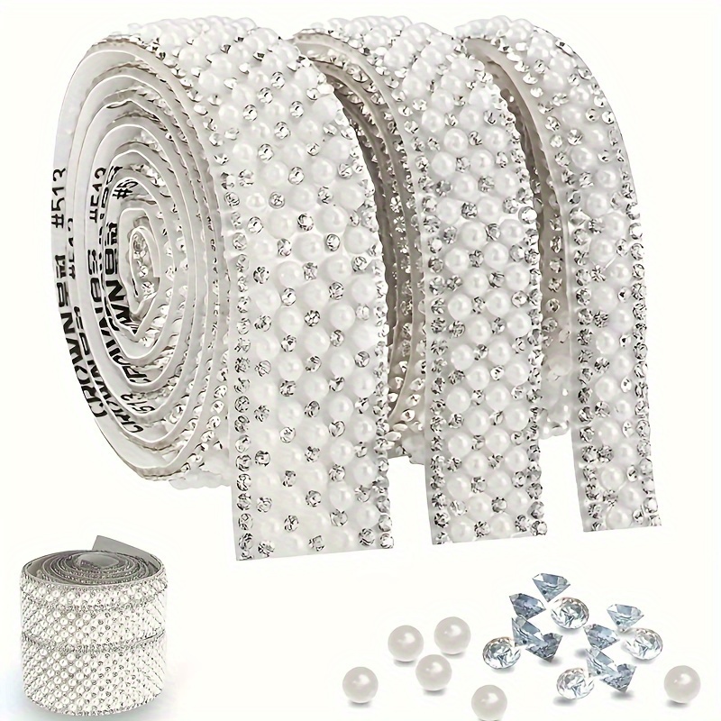 

Self-adhesive Rhinestone Strip Ribbon, Plastic & Polyresin, Decoration Pearl Bead Adhesive Tape For Diy Crafts, Cell Phones, Car Art, Wedding, Birthday Accessories - 1 Roll (90cm/35.43")