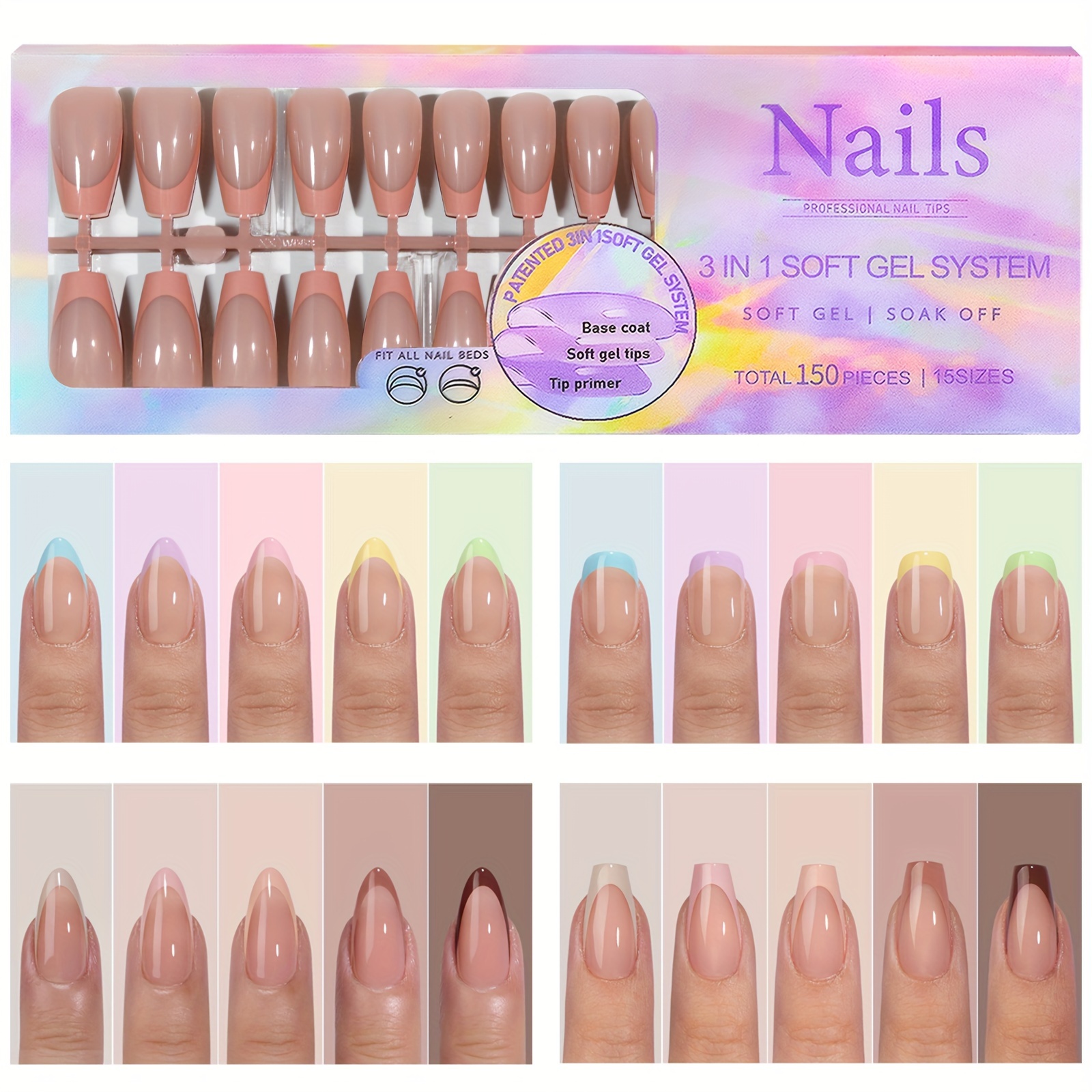 

150 Pieces, Soft Gel Nail Tips Set, 15 Sizes, French Nail Tips, Pre Applied Tip Primer, Quicker Application, Neutral & Nude Skin Tones, Removable Nail Art Press On Fake Nail Tips For Easier Manicure