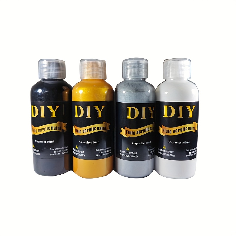 Image of Set Of 4 High-gloss Fluid Acrylic Paints - Ideal For Art And Painting Supplies - Perfect For For Artists And Novices - Used On Canvas, Plaster, Rocks