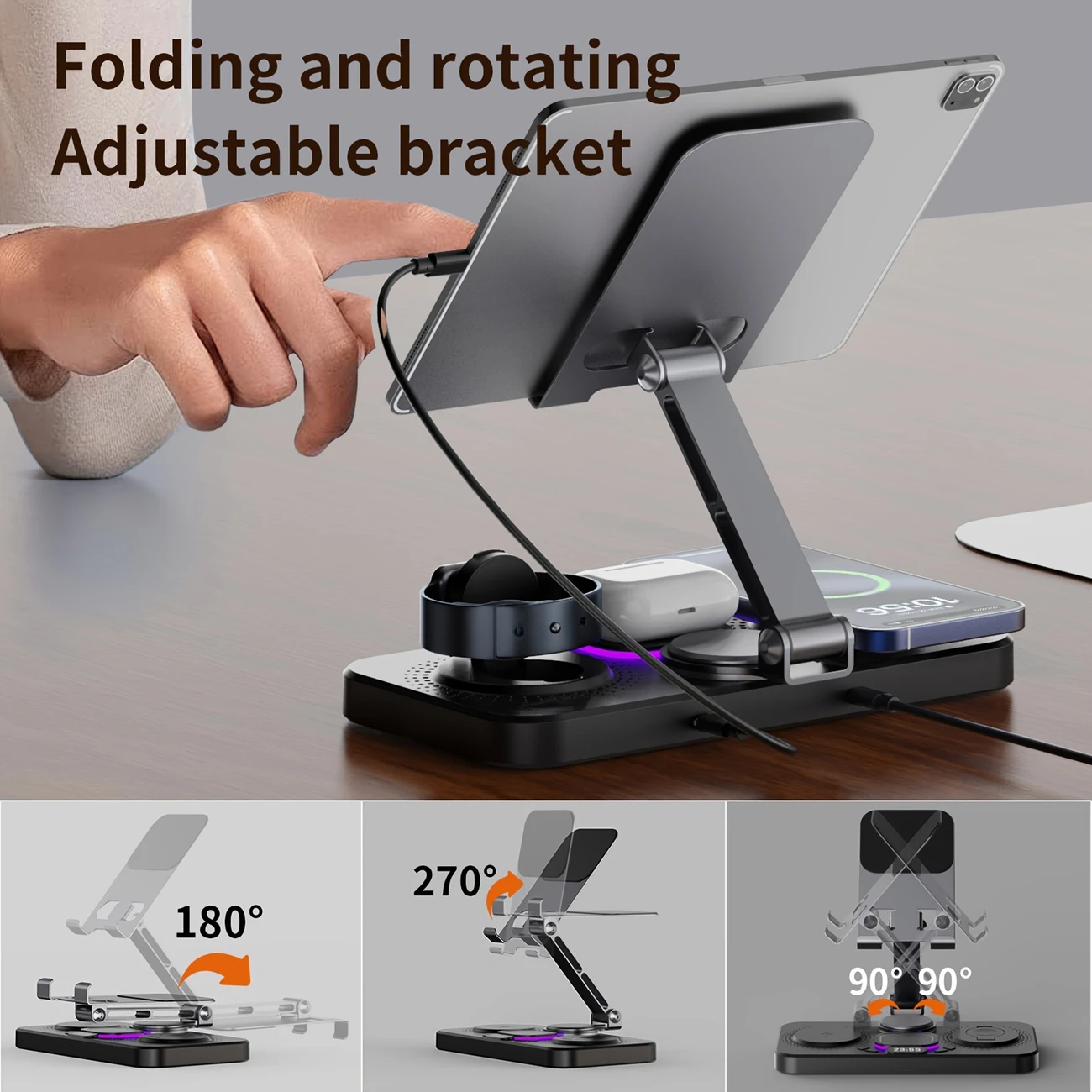6in 1 Wireless Charging Station for Multiple Devices, Magnetic Fast Charger Foldable Stand Dock with Alarm Clock Night Ligth for iPhone 15 14 13 12 Series, for iWatch 9 8 7 6 5 4 3 2, for Pro2 Pro 3 2, Rotating Holder for iPad details 4