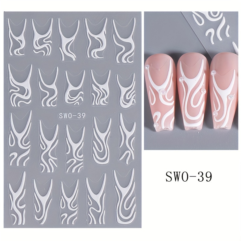 1 Sheet 5d Embossed Nail Art Stickers, White French Self-adhesive Nail Decals, Nail Salon Nail Art Decorations, Nail Art Supplies For Women And