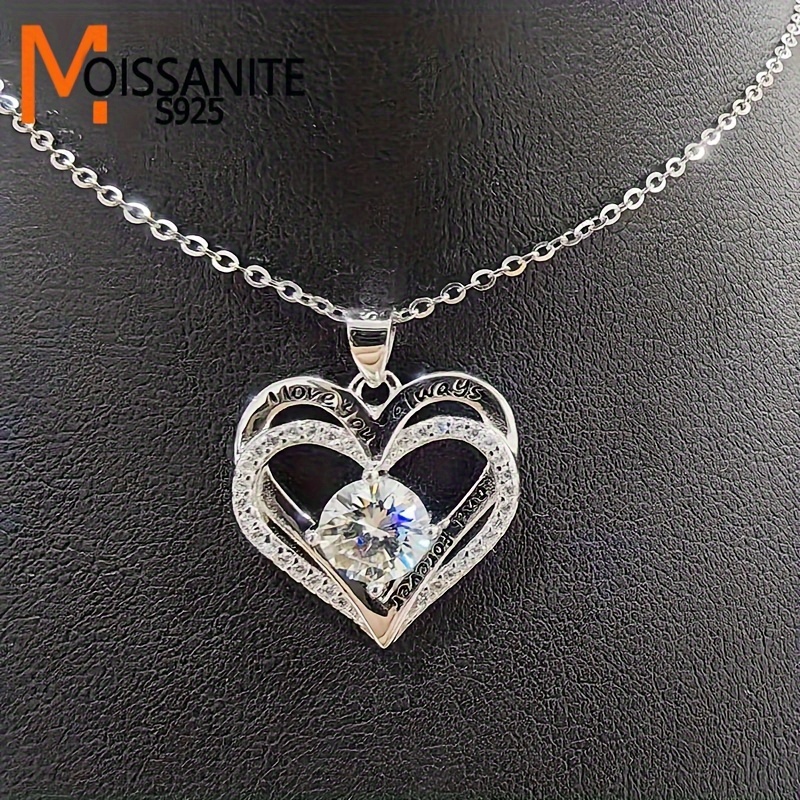 

Elegant 925 Sterling Silvery Heart Pendant Necklace With 1 Carat Moissanite, Classic For Men And Women, Ideal For Wedding, , Mardi Gras Day Gift, Jewelry With Gift Box, Heart Necklace