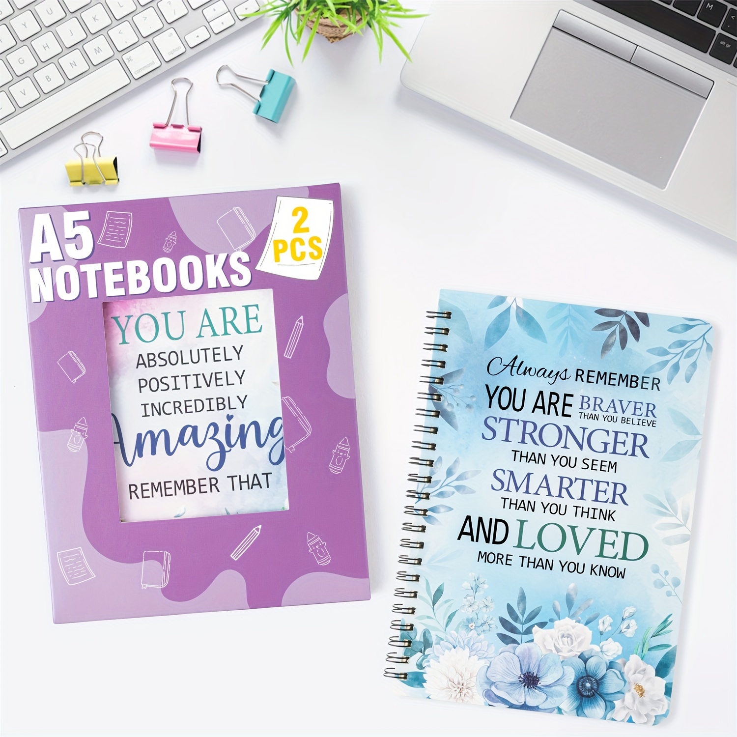 

2-pack Inspirational Spiral Notebooks - Motivational Hardcover Journals With Lined Pages, Quality Paper, Double Spiral Binding, Clear Floral Patterns - Office And Personal Use