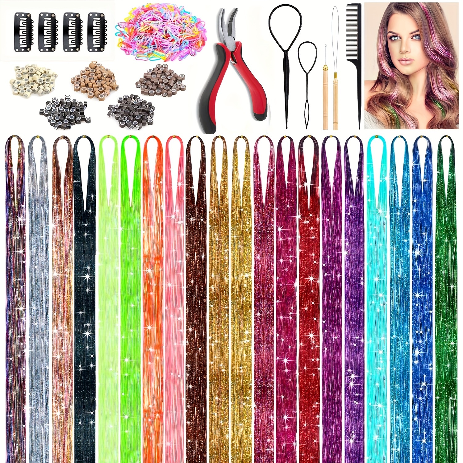 

48-inch Sparkle Hair Tinsel Kit With Tools - Heat Resistant, Glitter For - Diy Fairy Hair Extensions Set