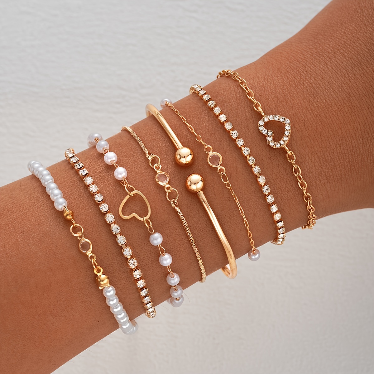 

8 Pcs Fashionable Elegant Golden Imitation Pearl Bracelets & Open Heart Bangle Multi-piece Jewelry Set For Daily & Party Wear, Layering Trendy Accessories, Vintage & Elegant Style