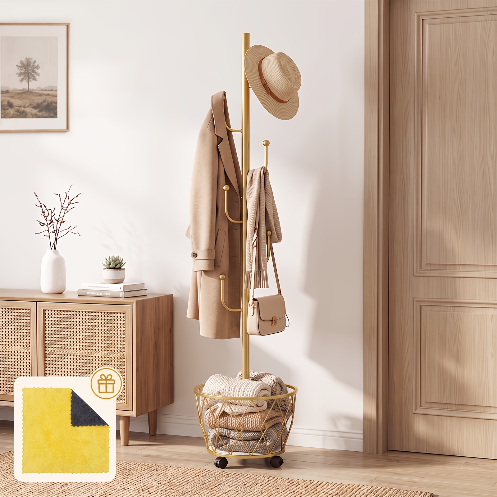 Image of Freestanding Clothes Rack, Rack With 360° Rolling Wheels, Unique Cactus Design, 6 Multi-level Hooks, Garment Display Rack For Clothing Stores, Boutiques, , And Apartments