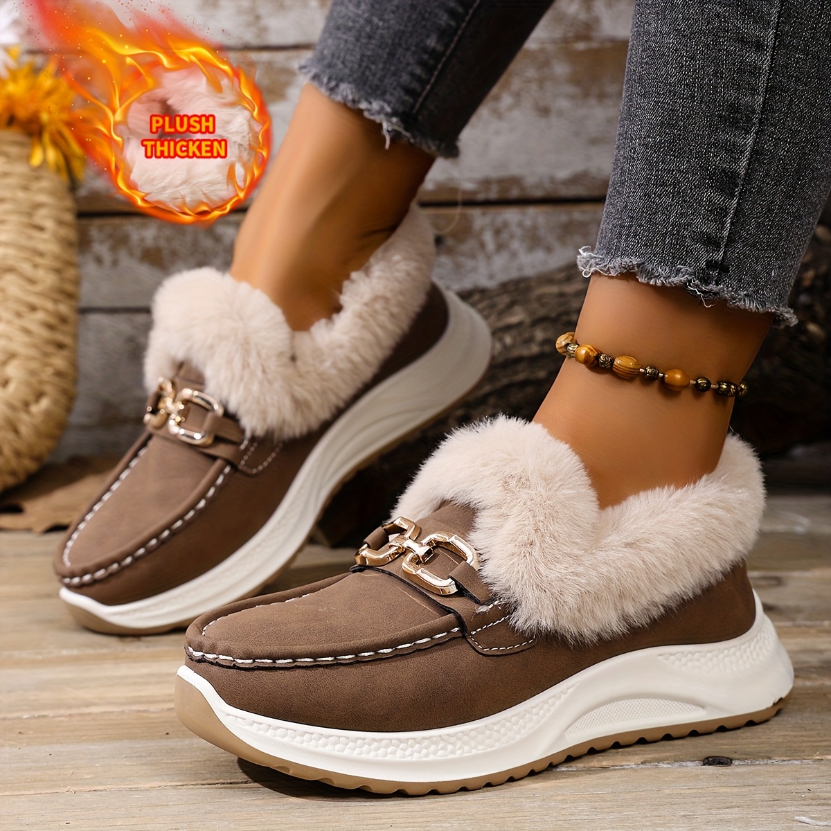 womens winter snow boots with thick platform heel slip on   upper plush like collar   strap brown white   trim wide width     pvc sole cozy winter shoes no assembly for snow 5
