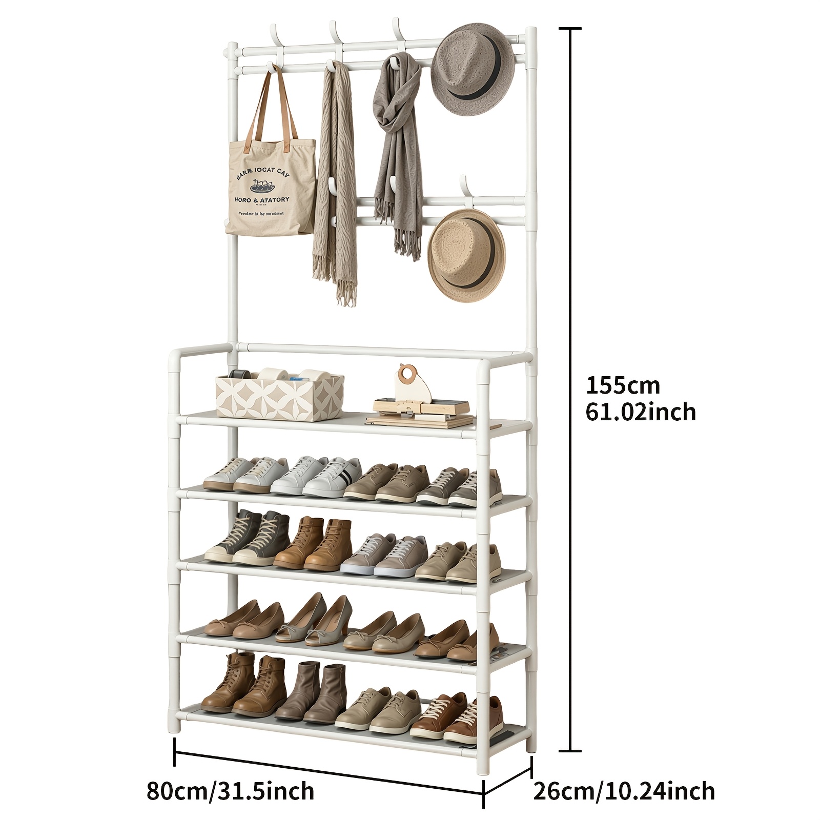 TEMU Perchero con Zapatero - Perchero que Ahorra , Zapatero de 5 Niveles, 80Cm, con 8 Ganchos, Estructura de Metal/ de Oro, Diseño o en la Pared