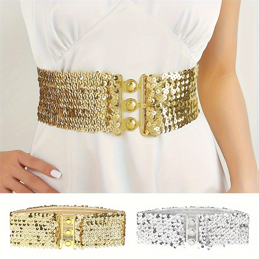 

Sequin Embellished Stretch Waist Belt For Women - Casual Wide Waistband With Pu Leather, Zinc Alloy, Pvc - Suitable For Party, Weekend Casual, And Daily