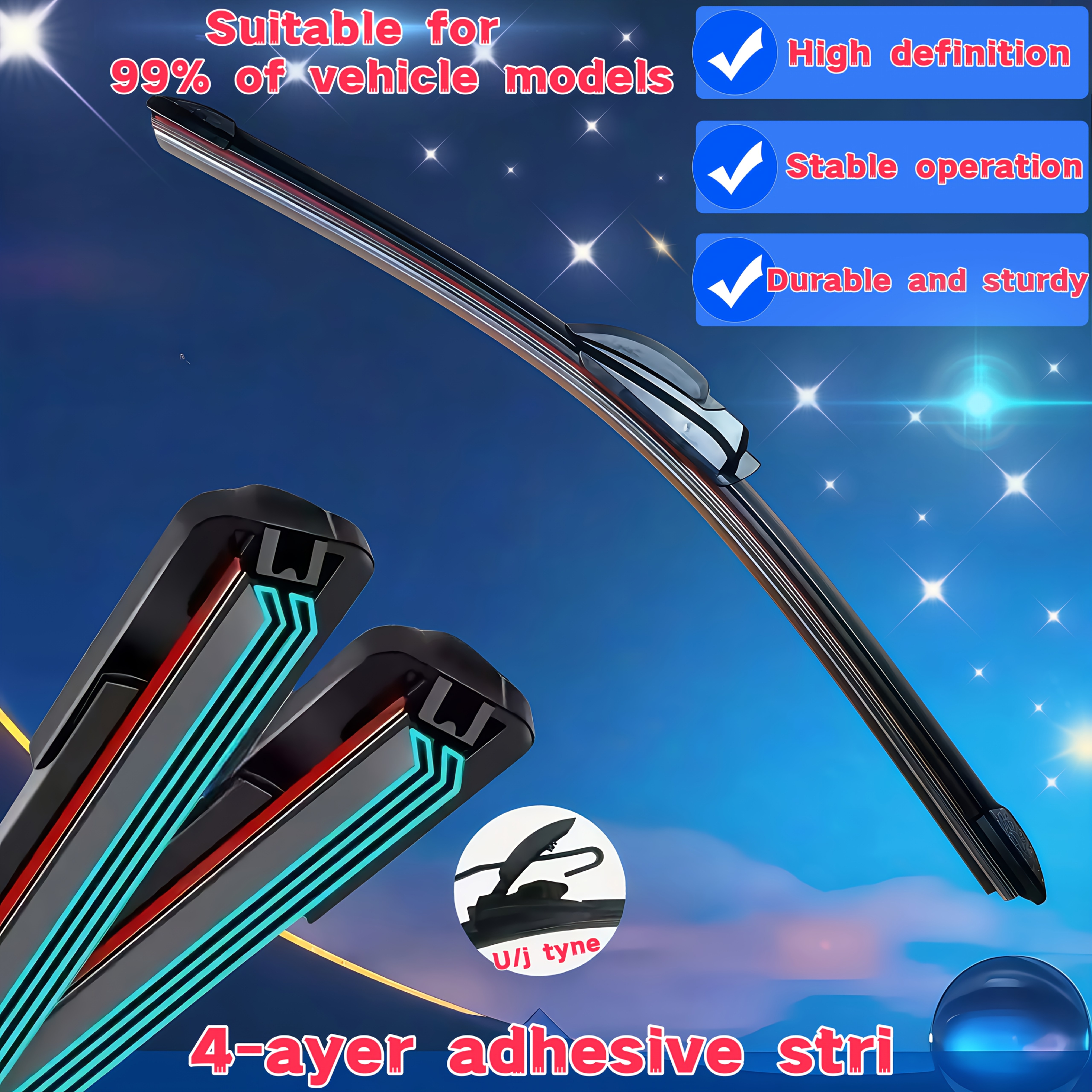 TEMU 1pc Universal -layer Rubber Wiper - J/u Hook Type, Hd Silent Operation, Compatible With 99% Of Vehicles, Available In 14-28 Inch Sizes