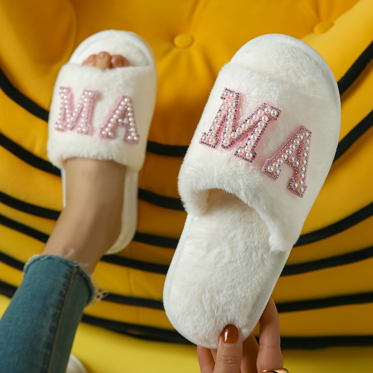 Image of Mother's Day Fluffy Slippers For Mom, Soft Bedroom Slippers, Lightweight And Comfortable Indoor Slippers, Women's Plush Slippers, Non-slip Eva Slippers, Plush Four-season Slippers, Women Shoes
