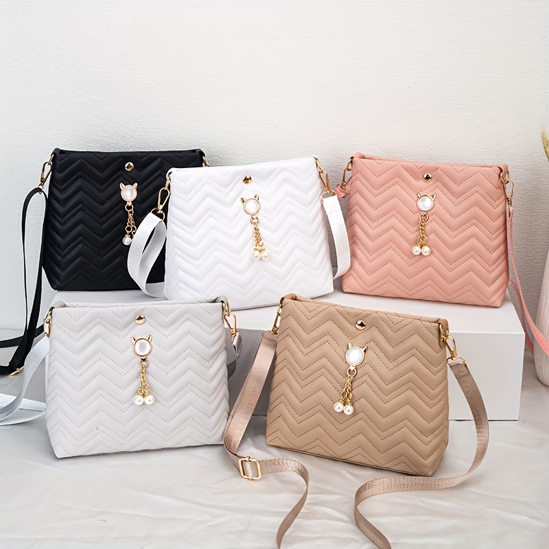 

Stylish Quilted Crossbody Bag With Adjustable Strap & Pearl - Chevron Pattern, Magnetic Closure, In Khaki, White, Pink, Black, Vintage Handbag