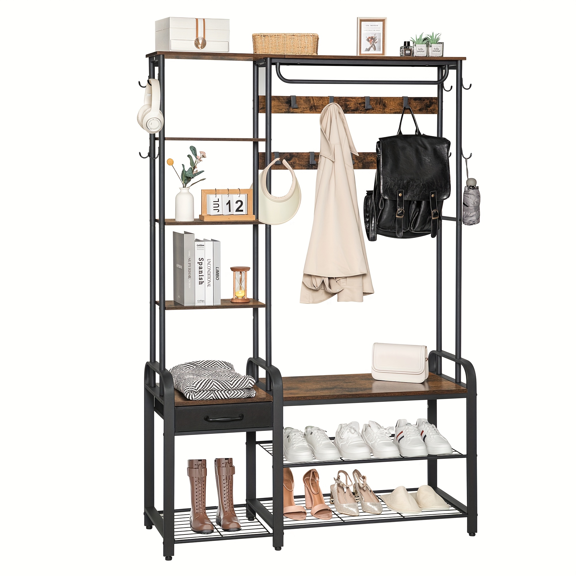 Entryway Furniture Featuring A Hall Tree, Coat Rack, Three-tier Storage Bench, And A Drawer, 5 Functions With 17 Hooks, 1 Hanging Rod, And Shelves In A Rustic Brown End