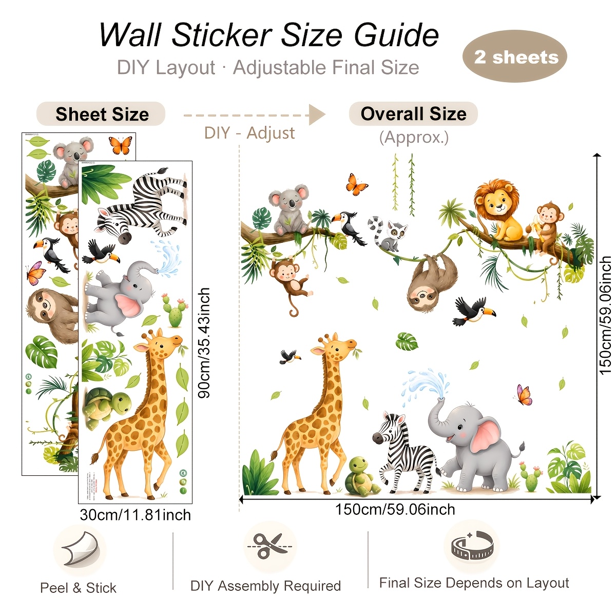 TEMU 2pcs 30x90cm Wall Stickers Lion Giraffe Elephant Sloth Self Adhesive Vinyl Decals For Living Room Home Deco