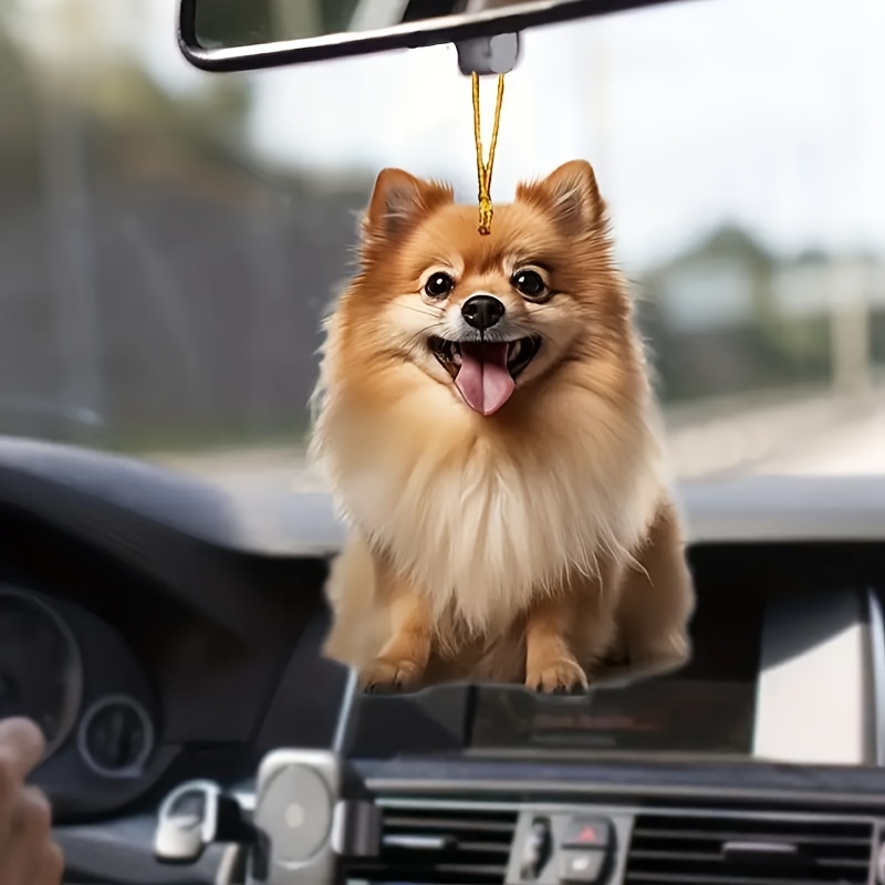 

Ornement suspendu en forme de Pomeranian en acrylique, charmant chien souriant pour rétroviseur de voiture, porte-clés cadeau festif