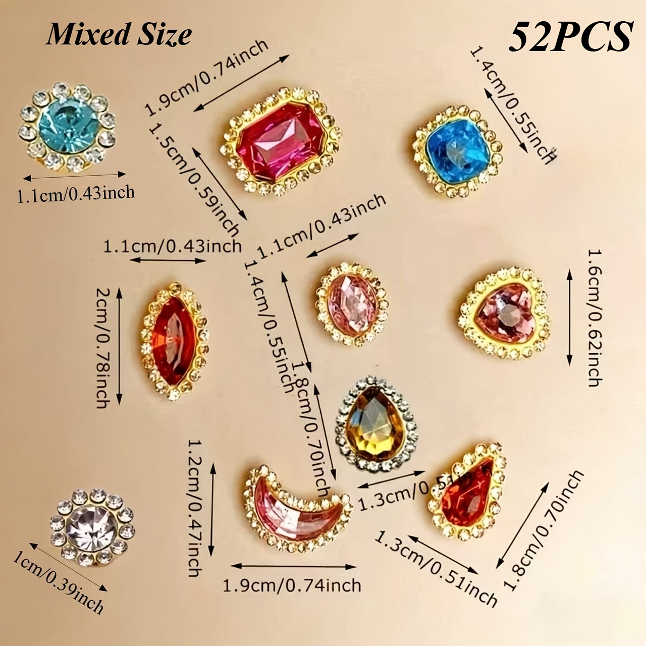TEMU Mixed-style Golden- Rhinestone Patches, Bulk Assorted Crystal Gemstones /oval/rectangle/teardrop Shapes, For Nail Art, Clothing, Shoes, And Bag