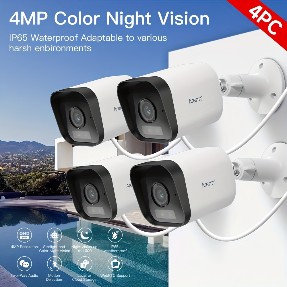 TEMU Arenti 4pcs 1440p Qhd, 4mp Qhd Outdoor Security Camera Color Night Vision, For Home Security Cameras Night Vision, Spotlight & Siren, 2-way