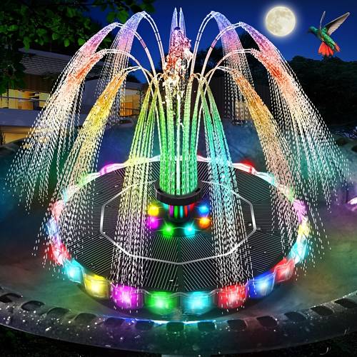 item picture solar fountain 2026 upgrade 3 5w solar bird bath fountains with colorful ring ledlights 1800mah battery 8 nozzles and 4 solar water fountain pump for pond pool patio and garden