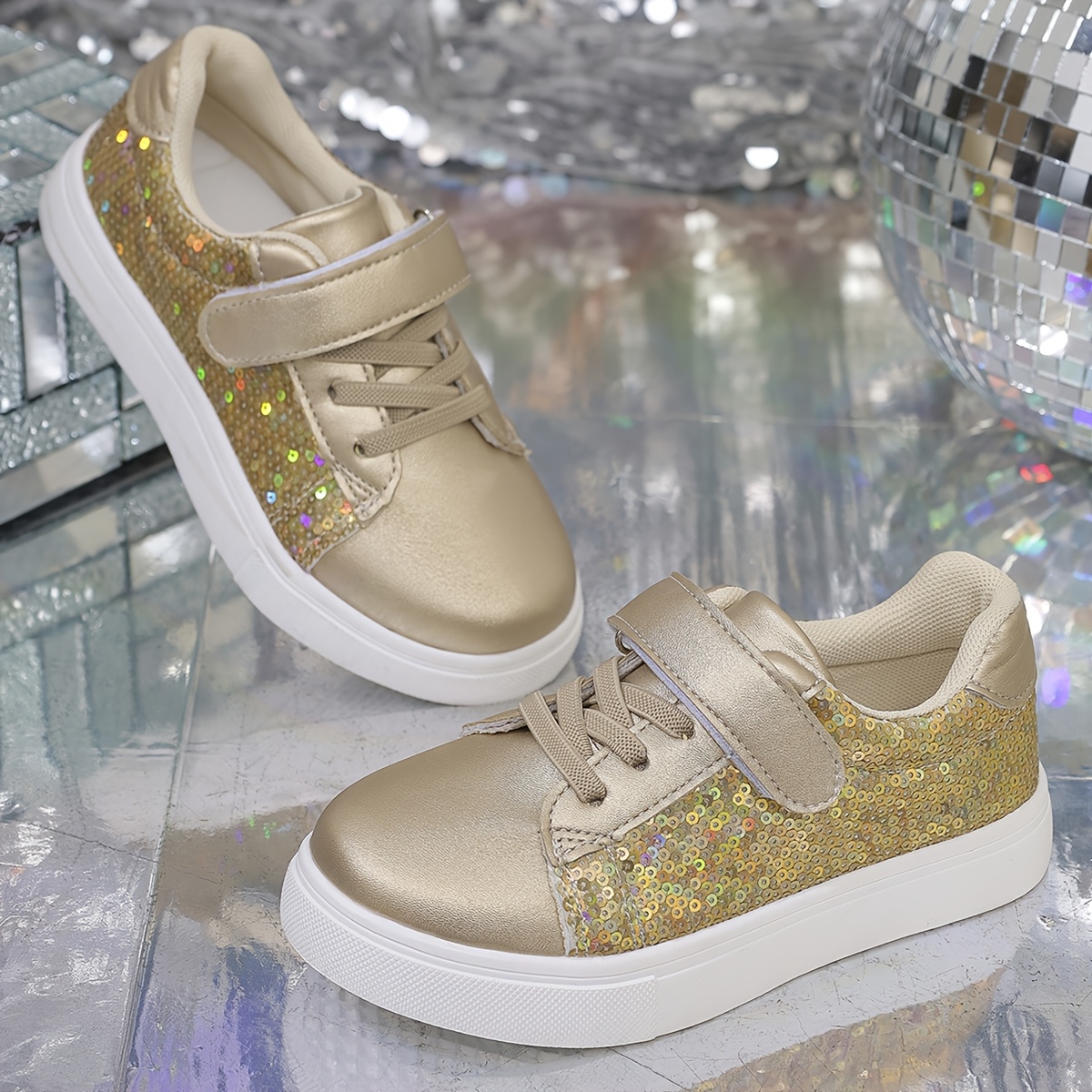 Girls' Sparkling Sequin Sneakers Golden Low-Top Sneakers with Hook Loop  Closure, Glittery Walking Shoes for Teens, Trendy Casual
