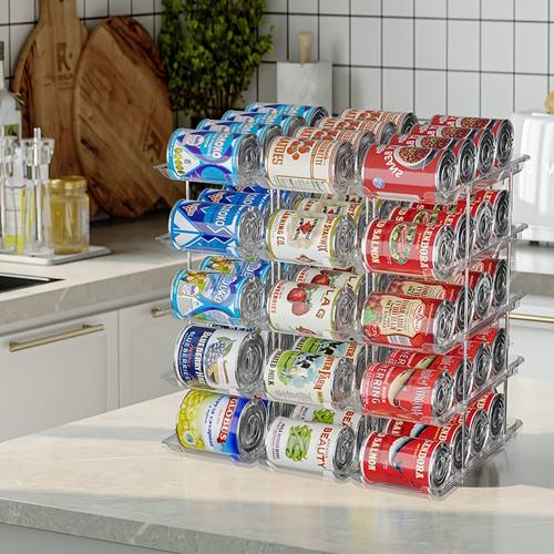 food can storage rack automatic rolling stackable can rack made of transparent pet material refrigerator can storage rack 3 tier 3pcs transparent model suitable for kitchens refrigerators and cabinets