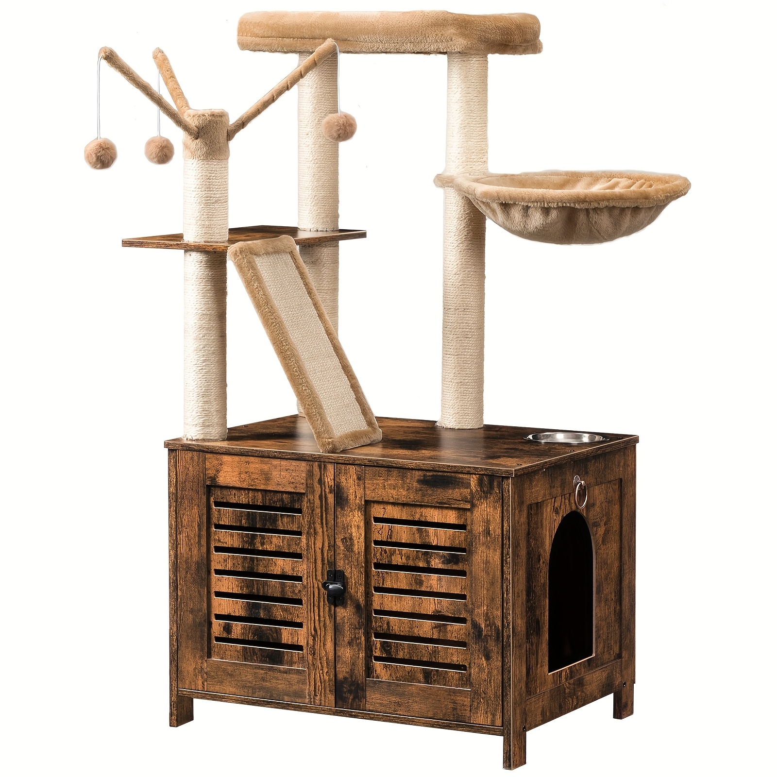 Image of Cat Tree, Sliding Door Cat Litter House, Wooden Cat House With Cat Tower, Concealed Litter Box Furniture, Integrated Indoor Cat Furniture, Multi-functional Cat Villa, 60 X 48 X 115 Cm
