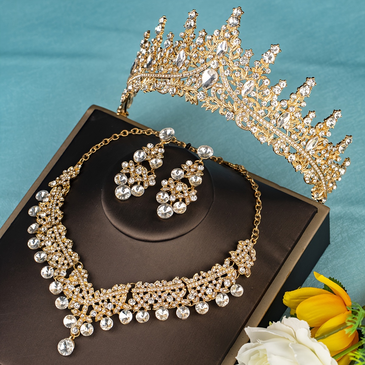 Elegant Rhinestone Crown Jewelry Set with Necklace and Earrings, Classic Zinc Alloy Bridal Tiara for Wedding, Party, Stage Performance, All-Season Accessory