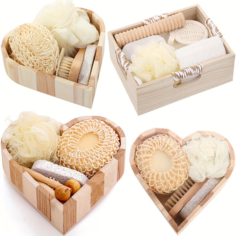 

Wooden Bath Spa Gift Set, Heart & Barrel-shaped Basket, Includes Loofah, Pumice Stone, Massager, And Brushes, Natural Relaxation & Body Care Kit For Home & Bathroom Decor
