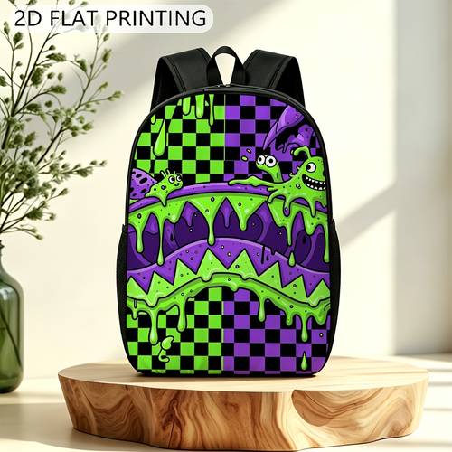 1pc large durable backpack with slime print water bottle pocket adjustable shoulder straps zippers lightweight bookbag suitable for students for travel everyday use unisex carry 2d flat