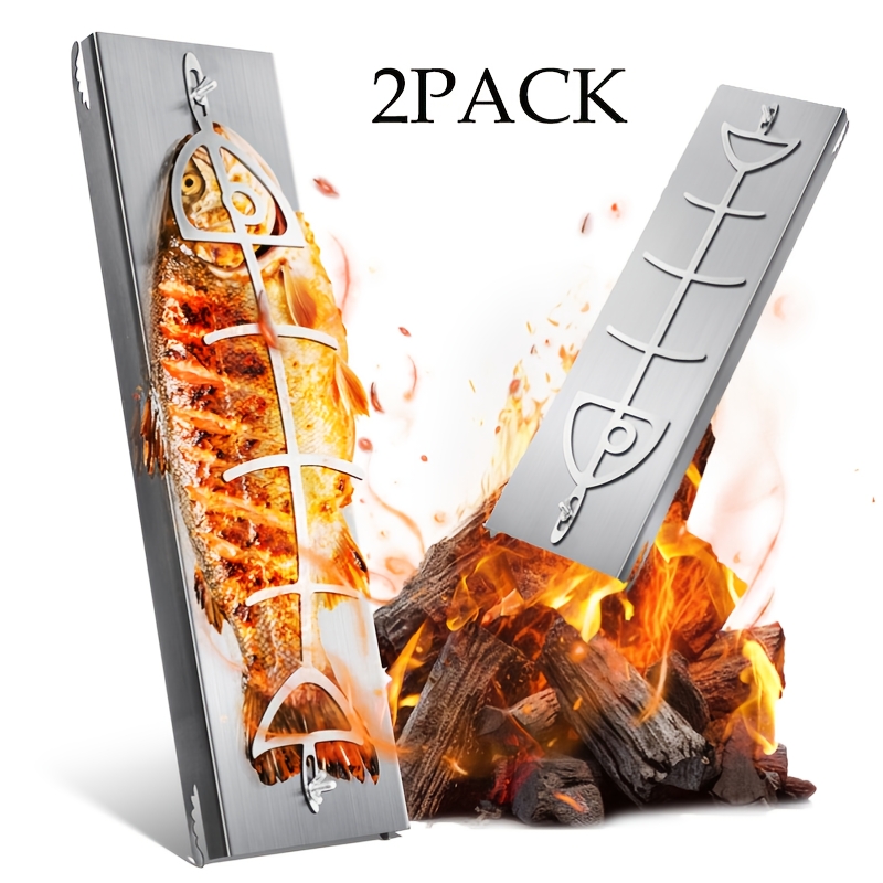 Image of 2pack 58.5*16*3.6cm Stainless Steel Flame Salmon Rack With Adjustable Clamp - 180° Rotatable, Durable And Easy To Clean, Ideal For Grilling Salmon And More, Smooth