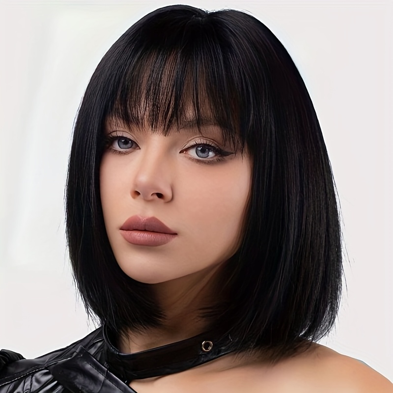 

Elegant Black Bob Wig With Bangs For Women - Short Straight Synthetic Hair, 150% Density, Cap,