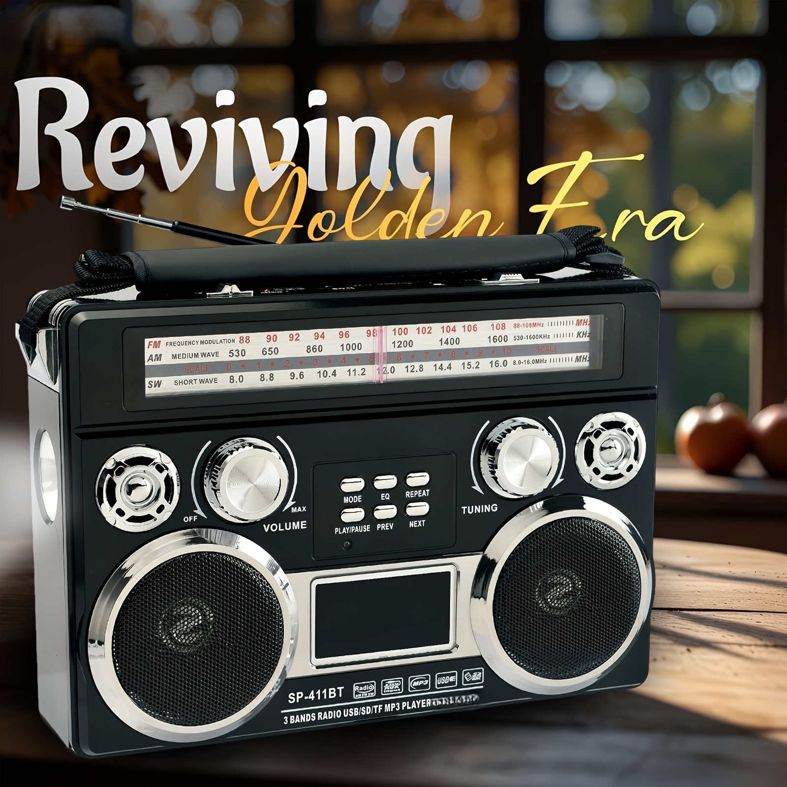 TEMU Portable 3 Band Radio With Wireless, Solar Panel, And Led Flashlight, Retro Wireless Speaker, Am/fm/sw Receiver With Mp3, Telescopic Antenna,, With Leather Handle, Aux/tf/sd, Ideal For Camping